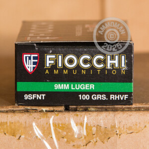 A photograph detailing the 9mm Luger ammo with frangible bullets made by Fiocchi.