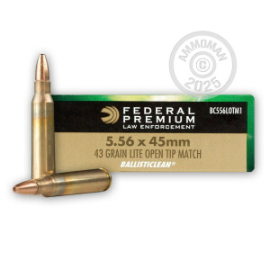 Photo detailing the 5.56X45MM FEDERAL PREMIUM BALLISTICLEAN 43 GRAIN OTM (20 ROUNDS) for sale at AmmoMan.com.