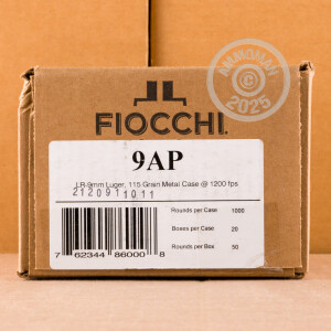 Image of the 9MM FIOCCHI AMMO 115 GRAIN FMJ (1000 ROUNDS) available at AmmoMan.com.