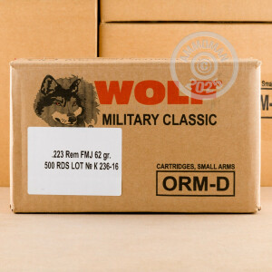 Image of the .223 WOLF 62 GRAIN FULL METAL JACKET (500 ROUNDS) available at AmmoMan.com.