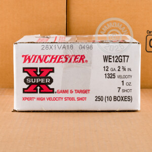 Photo detailing the 12 GAUGE WINCHESTER XPERT 2-3/4" #7 STEEL SHOT #WE12GT7 (250 ROUNDS) for sale at AmmoMan.com.