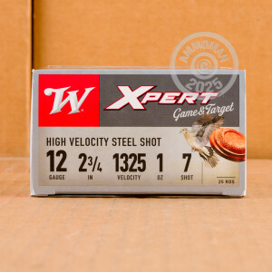 Photo detailing the 12 GAUGE WINCHESTER XPERT 2-3/4" #7 STEEL SHOT #WE12GT7 (250 ROUNDS) for sale at AmmoMan.com.