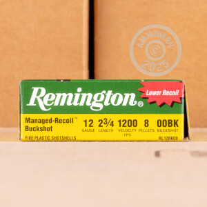 Photo detailing the 12 GAUGE REMINGTON MANAGED RECOIL 2 3/4" 00 BUCKSHOT (100 ROUNDS) for sale at AmmoMan.com.