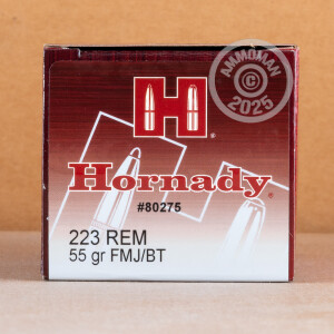 Photo detailing the 223 REM HORNADY 55 GRAIN FMJBT (500 ROUNDS) for sale at AmmoMan.com.