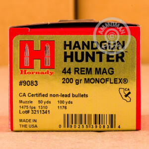 Photo detailing the 44 MAGNUM HORNADY HANDGUN HUNTER 200 GRAIN MONOFLEX (20 ROUNDS) for sale at AmmoMan.com.