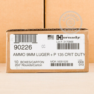 A photo of a box of Hornady ammo in 9mm Luger.