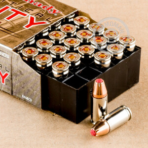 Image of 9mm Luger ammo by Hornady that's ideal for home protection.