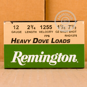 Photograph showing detail of 12 GAUGE REMINGTON HEAVY DOVE LOADS 2-3/4" 1-1/8 OZ. #7.5 SHOT (25 ROUNDS)