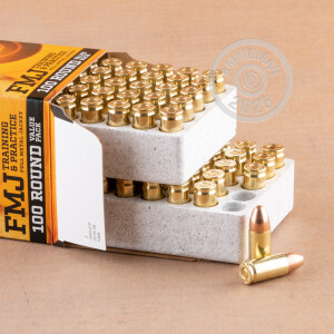 Photograph showing detail of 9MM BROWNING 115 GRAIN FMJ (100 ROUNDS)