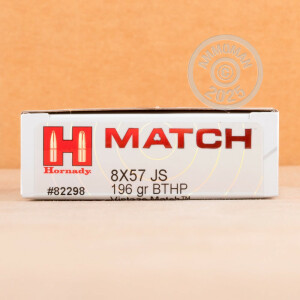 Photograph showing detail of 8x57MM JS HORNADY VINTAGE MATCH 196 GRAIN HPBT (20 ROUNDS)