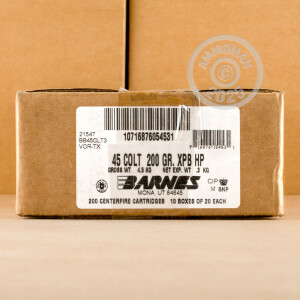 A photo of a box of Barnes ammo in .45 COLT.