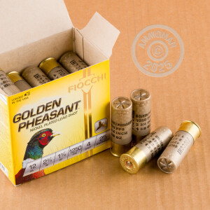 Photo detailing the 12 GAUGE FIOCCHI GOLDEN PHEASANT 2-3/4" 1-3/8 OZ. #4 NICKEL PLATED LEAD SHOT (250 ROUNDS) for sale at AmmoMan.com.