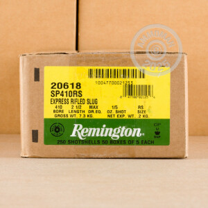 Photo detailing the 410 BORE REMINGTON SLUGGER 2-1/2" 1/5 OZ. RIFLED SLUG (250 ROUNDS) for sale at AmmoMan.com.