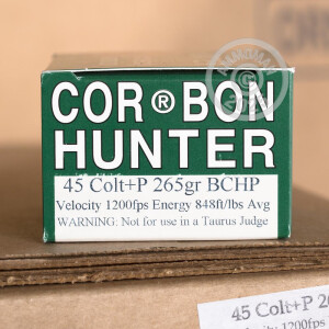 Photograph showing detail of 45 COLT +P CORBON HUNTER 265 GRAIN JHP (20 ROUNDS)