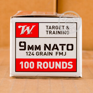 A photograph of 100 rounds of 124 grain 9mm Luger ammo with a FMJ bullet for sale.