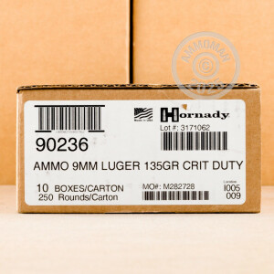 A photo of a box of Hornady ammo in 9mm Luger.