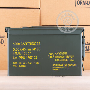 Photograph showing detail of 5.56X45MM PRVI PARTIZAN 55 GRAIN FMJ IN AMMO CAN (1000 ROUNDS)