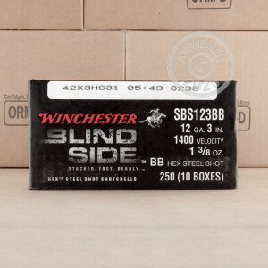 Photo detailing the 12 GAUGE WINCHESTER ELITE BLIND SIDE 3" 1 3/8 OZ. #BB SHOT (25 ROUNDS) for sale at AmmoMan.com.