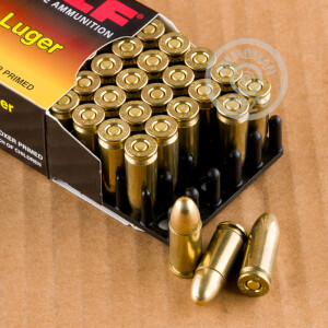 Photo detailing the 9MM WOLF GOLD 124 GRAIN FMJ (50 ROUNDS) for sale at AmmoMan.com.