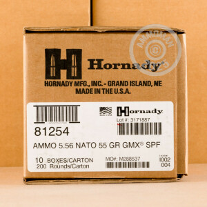 Photograph showing detail of 5.56X45MM HORNADY SUPERPERFORMANCE 55 GRAIN GMX (20 ROUNDS)