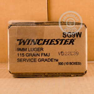 A photograph detailing the 9mm Luger ammo with full metal jacket flat-point bullets made by Winchester.