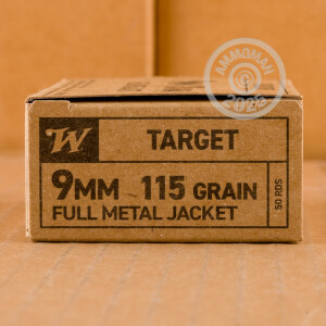 A photograph detailing the 9mm Luger ammo with full metal jacket flat-point bullets made by Winchester.