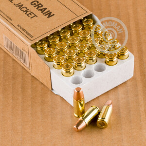 A photograph of 50 rounds of 115 grain 9mm Luger ammo with a full metal jacket flat-point bullet for sale.