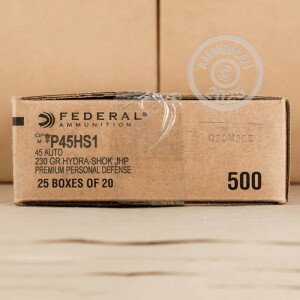 Photo detailing the 45 ACP FEDERAL PREMIUM HYDRA-SHOK 230 GRAIN JHP (500 ROUNDS) for sale at AmmoMan.com.