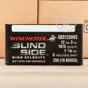 Photo detailing the 12 GAUGE WINCHESTER BLIND SIDE 3" 1-1/8 OZ. #3 STEEL SHOT (25 ROUNDS) for sale at AmmoMan.com.