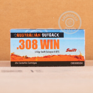 Photo detailing the 308 WINCHESTER AUSTRALIAN OUTBACK 150 GRAIN SWIFT SCIROCCO-II POLYMER TIP (20 ROUNDS) for sale at AmmoMan.com.