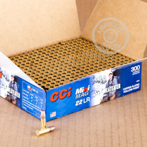 Photograph of .22 Long Rifle ammo with copper plated hollow point ideal for hunting varmint sized game, training at the range.