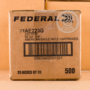 Photo detailing the 223 REMINGTON FEDERAL AMERICAN EAGLE 50 GRAIN JHP (20 ROUNDS) for sale at AmmoMan.com.