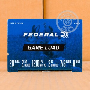 Photo detailing the 20 GAUGE FEDERAL GAME-SHOK 2-3/4" 7/8 OZ. #8 SHOT (250 ROUNDS) for sale at AmmoMan.com.