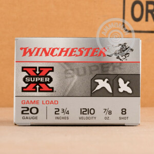 Photo detailing the 20 GAUGE WINCHESTER SUPER-X 2-3/4" 7/8 OZ. #8 SHOT (250 ROUNDS) for sale at AmmoMan.com.