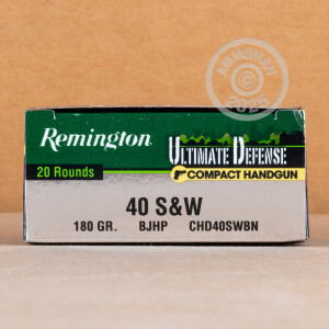 Photograph showing detail of 40 S&W REMINGTON ULTIMATE DEFENSE 180 GRAIN BJHP (20 ROUNDS)