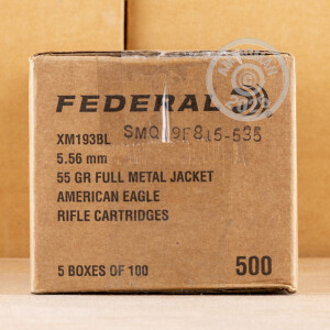 Image of the 5.56X45 FEDERAL AMERICAN EAGLE 55 GRAIN FMJBT XM193 (500 ROUNDS) available at AmmoMan.com.
