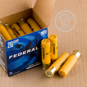 Photo detailing the 20 GAUGE FEDERAL GAME LOAD HI-BRASS 3" 1-1/4 OZ. #5 SHOT (250 ROUNDS) for sale at AmmoMan.com.