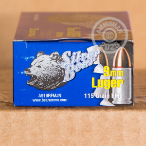 A photograph of 50 rounds of 115 grain 9mm Luger ammo with a FMJ bullet for sale.