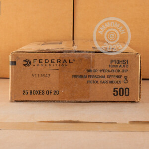 Photo detailing the 10MM AUTO FEDERAL PREMIUM 180 GRAIN HYDRA-SHOK JHP (20 ROUNDS) for sale at AmmoMan.com.