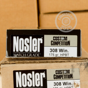 Photo detailing the 308 WIN NOSLER CUSTOM COMPETITION 175 GRAIN HPBT MATCH (20 ROUNDS) for sale at AmmoMan.com.