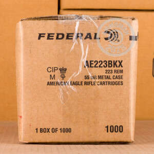 Photo detailing the 223 REM FEDERAL AMERICAN EAGLE 55 GRAIN FMJBT (1000 ROUNDS) for sale at AmmoMan.com.