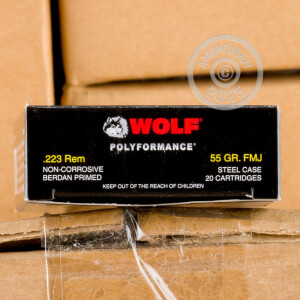 Photograph showing detail of 223 REM WOLF WPA 55 GRAIN FMJ (500 ROUNDS)