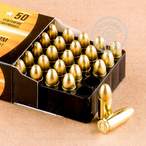 A photograph detailing the 9mm Luger ammo with FMJ bullets made by Armscor.