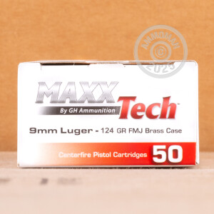 A photograph detailing the 9mm Luger ammo with FMJ bullets made by MaxxTech.