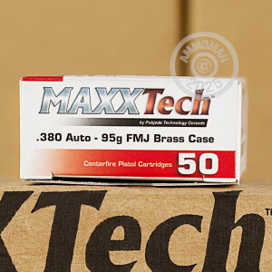 A photo of a box of MaxxTech ammo in .380 Auto.
