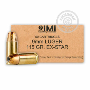 A photograph of 50 rounds of 115 grain 9mm Luger ammo with a JHP bullet for sale.