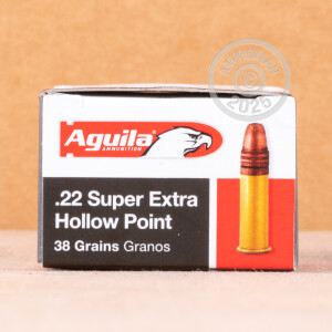 Photo detailing the 22 LR AGUILA SUPER EXTRA 38 GRAIN CPHP (2000 ROUNDS) for sale at AmmoMan.com.