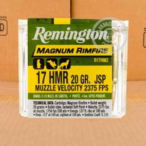 Photograph showing detail of 17 HMR REMINGTON MAGNUM RIMFIRE 20 GRAIN JSP (50 ROUNDS)