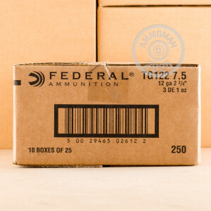 Photo detailing the 12 GAUGE FEDERAL TARGET LOAD 2 3/4“ 1 OZ. #7.5 SHOT (250 ROUNDS) for sale at AmmoMan.com.