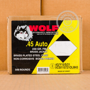 Photo detailing the 45 ACP WOLF 230 GRAIN FMJ (50 ROUNDS) ***STEEL CASES*** for sale at AmmoMan.com.